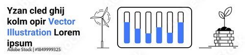 Wind turbine, battery levels, and plant sprout represent renewable energy, sustainability, innovation, ecosystem balance, clean technology, growth, and development for a simple landing page
