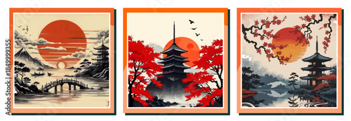 Asian landscape illustrations featuring pagodas, mountains, and red sun elements, inspired by traditional Japanese and Chinese art for serene wall decor