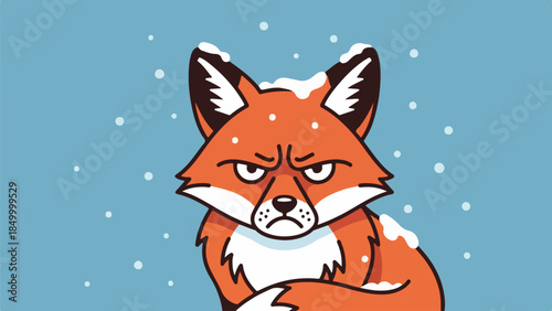 Illustration of a fox with bright orange fur and white underbelly, stern expression, and snowy background