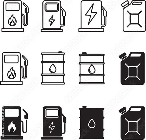 Fuel Pump and Gas Can Icons in Outline and Silhouette gas pump gasoline