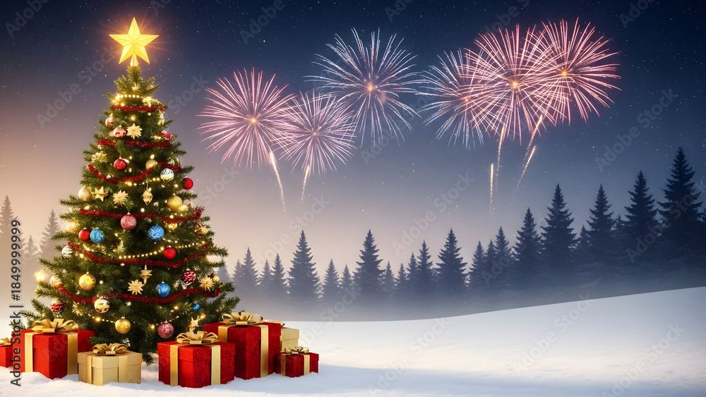 Obraz premium Christmas tree with gifts holiday decoration and presents