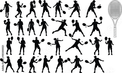 Tennis Player Silhouette Collection Showing Serving, Forehand And Backhand Explosive Action Poses, Black Sports Vector Icons Isolated On White Background