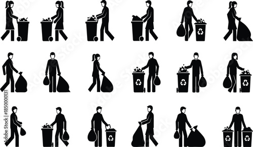 Waste Recycling Silhouette Collection Showing People Throwing Trash And Sorting Garbage, Black Environmental Vector Icons Isolated On White Background