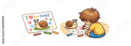 pet snail child drawing hearts on paper about pet snail