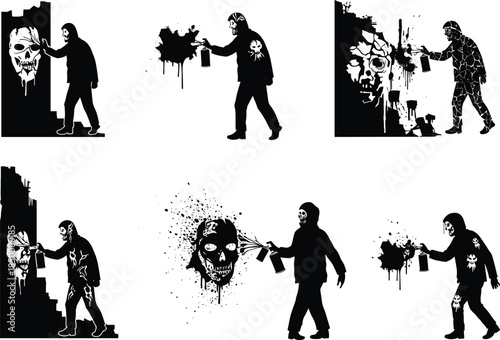 Six different style illustration, black silhouette skull graffiti artist painting creepy wall art, dark street horror concept, spooky urban apocalypse vector design