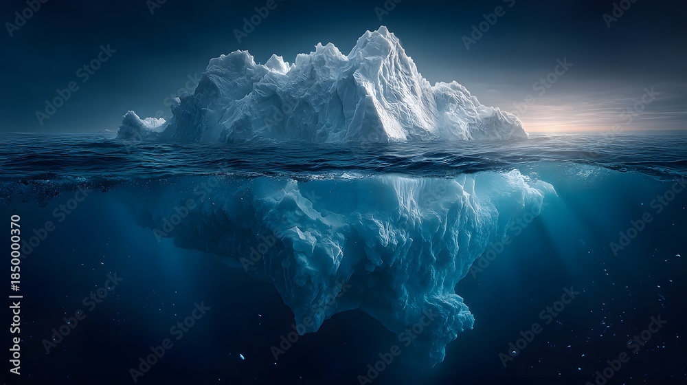 Fototapeta premium Majestic iceberg floats in deep blue ocean shown in split-level underwater photography revealing massive ice structure beneath the surface.