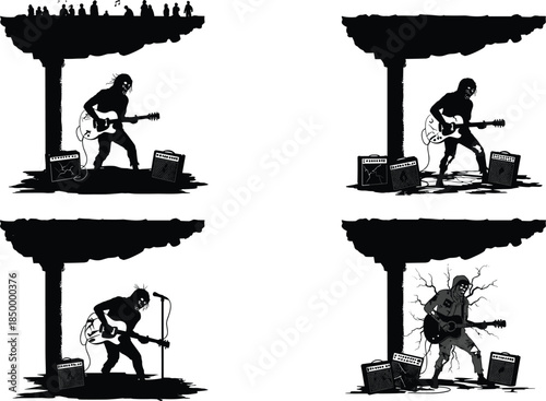 Six different style illustration of zombie guitarist playing electric guitar on dark stage, horror rock concert, undead musician performing vector design, spooky music art