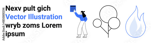 Education, creativity, nature, design concepts, modern aesthetics, digital layouts. A person holding a square element, round geometric shapes and a flame symbol. Education and creativity concepts