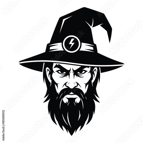 angry wizard with long beard and witch hat with a lightning bolt emblem on the hat band