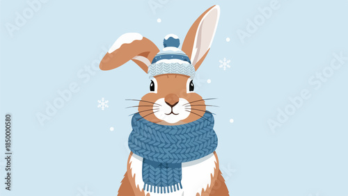 Rabbit wearing a blue knitted hat and scarf in a winter scene with snowflakes