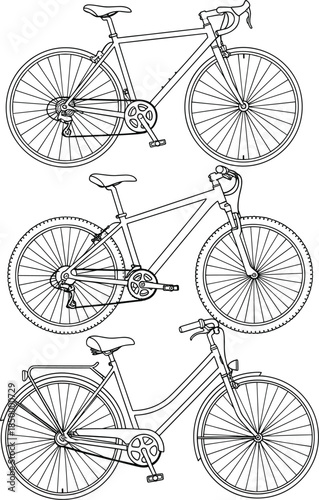 Set of hand drawn bicycle sketches including road bike mountain bike and city cruiser isolated on white background black and white outline vector illustration