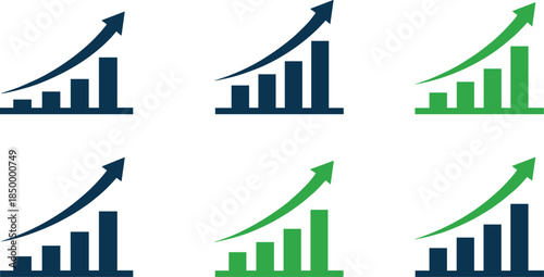 Set of business growth bar charts with upward arrows in blue and green colors for financial data analysis and success tracking isolated on white background flat vector illustration