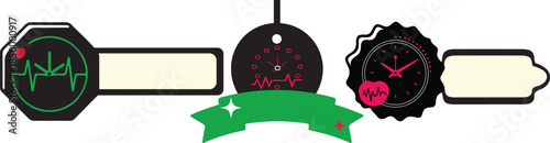 A small set of minimal interface-style clock symbol labels and a ribbon badge