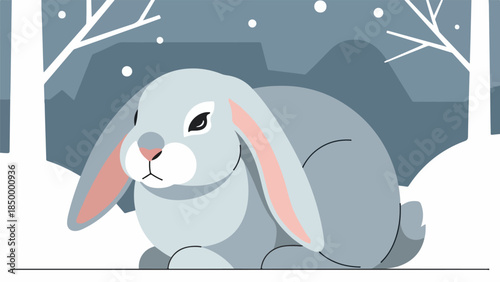 Stylized gray rabbit with pink accents in a minimalist winter landscape