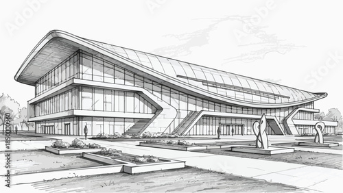 Modern sustainable office building architecture with glass facade and curved roof vector sketch