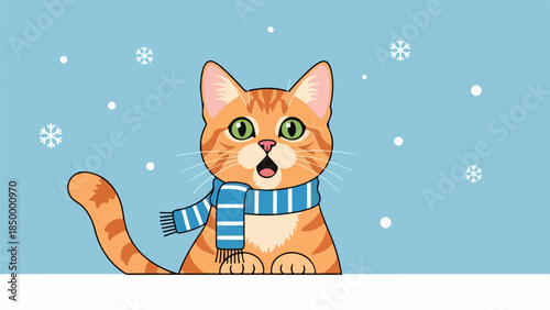 Playful orange cat with green eyes wearing a blue and white striped scarf against a winter sky
