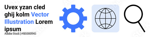Global connectivity, process optimization, search tools, digital transformation, workflow analysis, and data research. Gear cog, globe and magnifying glass icons illustrated. Global connectivity