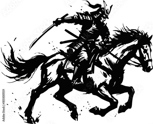 Samurai Warrior on Horseback with Katana Silhouette. Japanese Ink Brush Vector