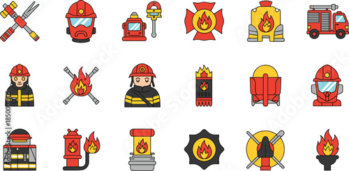 Set of colorful firefighter and fire safety icons featuring fire trucks extinguishers hydrants helmets and rescue equipment isolated on white background flat vector illustration