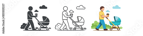family life stroller walk outside with coffee cup hand