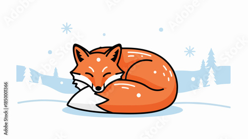 Curled-up fox with vibrant orange fur resting in a serene winter landscape