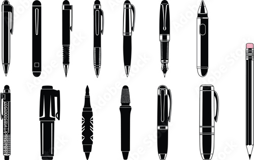 Set of black pen and pencil icons featuring ballpoint pens fountain pens markers and mechanical pencils isolated on white background flat vector illustration for office supplies