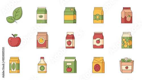 Assortment of cartoon food and drink packaging icons including juice boxes, jars, and cartons