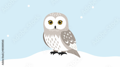 Solitary owl perched on snow-covered surface with light blue sky and scattered snowflakes