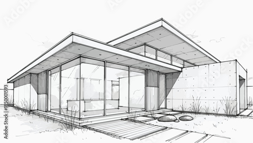Modern one story residential house architecture with large glass windows vector sketch