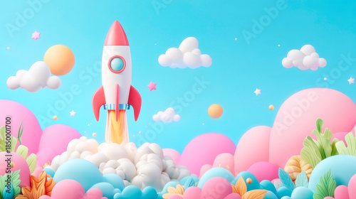 Cartoon rocket launching on blue background representing startup innovation