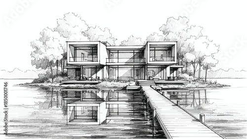 Luxury modern house architecture on a pier over a calm lake vector illustration