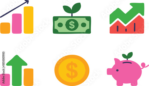 Financial growth and investment icons representing money management, savings, and increasing wealth