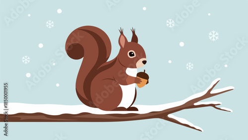 Brown squirrel holding an acorn on a bare tree branch in a snowy winter scene