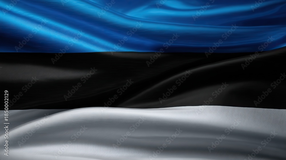 Obraz premium The Estonian flag with flowing satin fabric waves in blue, black, and white stripes against a deep black background, rendered in lifelike detail to express national pride and patriotism.