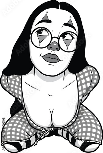 High angle view of cute clown girl with glasses looking up vector illustration