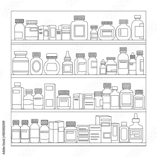 Outline Pharmacy Shelves with Medicine Bottles Vector Illustration