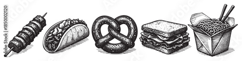 A collection of five distinct food illustrations in a scratchy, black and white sketch style, featuring a skewer, taco, pretzel, sandwich, and noodle box.