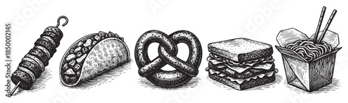 A detailed ink drawing showcases five distinct food items arranged in a row against a white background, including a skewer, taco, pretzel, sandwich, and noodles in a takeout box.