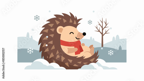 Hedgehog in red scarf sitting in snowy winter landscape