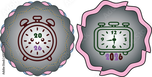 Two cute stopwatch clock icons placed inside decorative scalloped badge shapes, suitable for countdowns