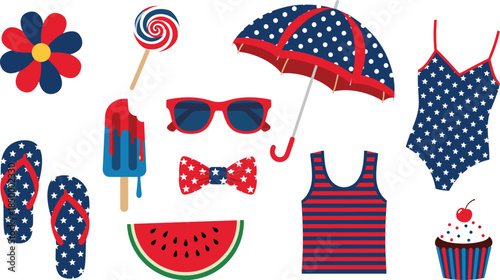 Set of American patriotic summer beach icons featuring star patterned swimwear umbrella flip flops sunglasses and red white and blue popsicles isolated on white background flat vector illustration