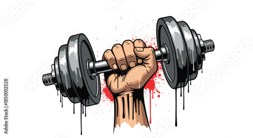 Strong hand gripping a heavy iron dumbbell with red and black paint splatters and dripping ink details in a graffiti style.