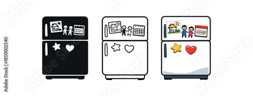 family life fridge door with kid drawings magnets and calendar