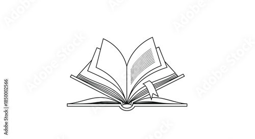 Minimalist black and white line art illustration of an open book with pages turning and a simple bookmark ribbon inside.