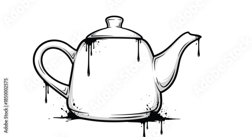 Classic ceramic teapot outline with expressive black ink drips and splatters in a contemporary graffiti art style on white.