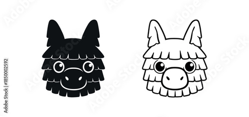 Cute llama face icon set. Alpaca head, funny animal character symbol. Outline and flat vector illustration.