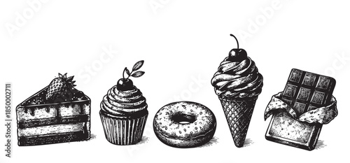 A vintage style line drawing illustration features a slice of cake, a cupcake, a donut, an ice cream cone, and a chocolate bar against a white background.