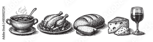 A detailed, monochromatic illustration in a vintage style depicts a hearty meal, including steaming soup, a roasted chicken, fresh bread, cheese, and a glass of wine, perfect for culinary themes.