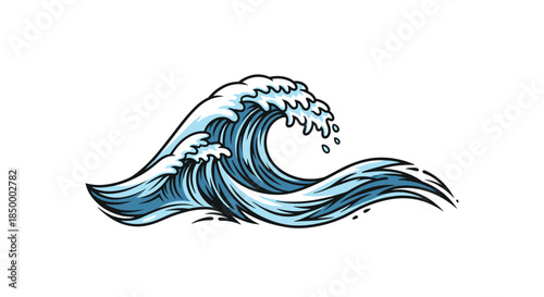 Powerful ocean wave curling in a classic woodblock print style with blue and white colors and dynamic movement.