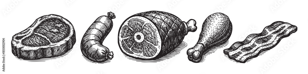 Obraz premium A detailed black and white ink sketch showcases a collection of various meat cuts, including a steak, sausage, ham, chicken leg, and bacon, rendered in a classic etching style.